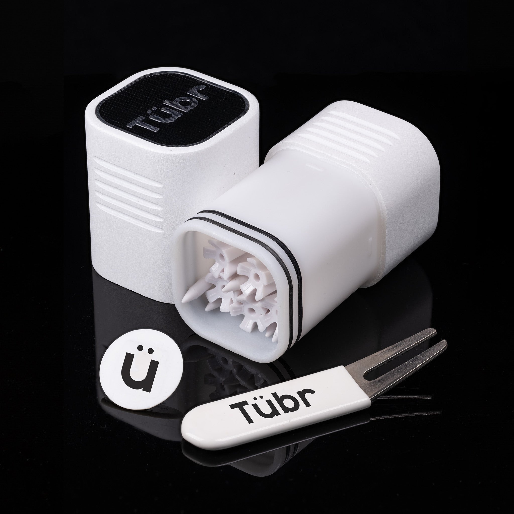 Pocket-sized airtight waterproof stash box for storing cannabis, medication & valuables. White Frost with golf tees, ball marker, divot tool.